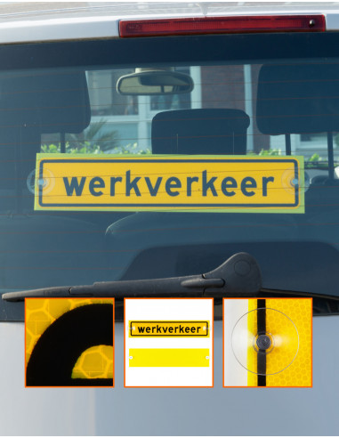 Werkverkeer bordje met zuignapjes, geel zwart, rechthoek, tekst werkverkeer