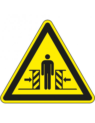 Magneetsticker klemgevaar, W019, geel zwart, ISO 7010, beknelling tussen machine, driehoek