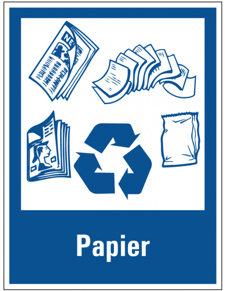 Magneetsticker papier scheiden, blauw wit, rechthoek, symbool papier met recyclen