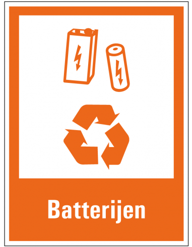 Magneetsticker batterijen scheiden, oranje wit, rechthoek, symbool batterijen recyclen