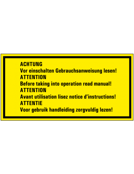 Magneetsticker handleiding lezen voor gebruik sticker, 4 talen, geel zwart, rechthoek, Nederlands, Duits, Engels, Frans