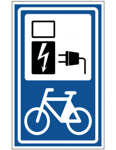 Oplaadpunt elektrische fiets sticker, blauw wit, rechthoekig, symbool oplader elektrische fiets