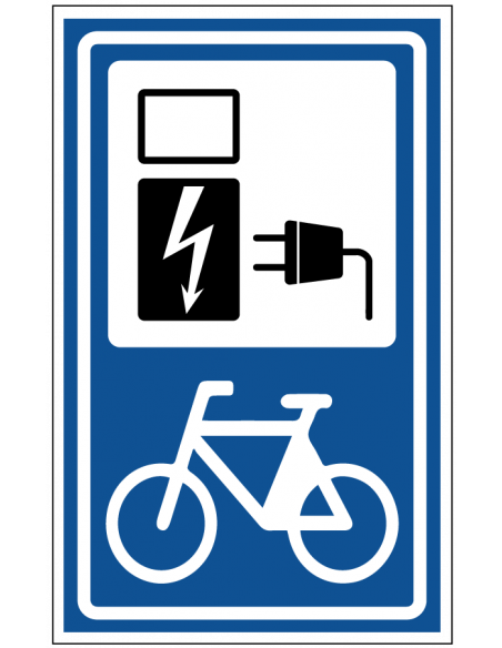 Bord oplaadpunt elektrische fiets, blauw wit, rechthoekig, symbool oplader elektrische fiets