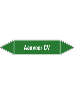 Aanvoer CV leidingmarkering op vel, groen wit, Nederlandse tekst aanvoer CV, stroomrichting leiding water
