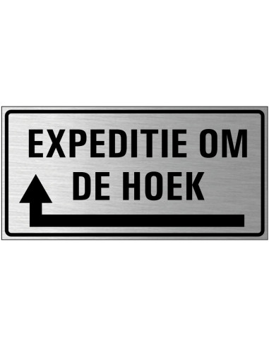Expeditie om de hoek bord links, geborsteld aluminium, rechthoekig, pijl links om de hoek