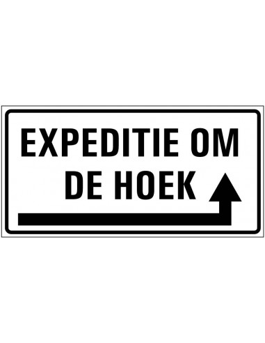 Expeditie om de hoek sticker rechts, zwart wit, rechthoekig, pijl rechts om de hoek