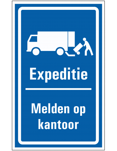 Expeditie melden op kantoor bord, kunststof, blauw wit, vrachtwagen pictogram, Nederlandse tekst