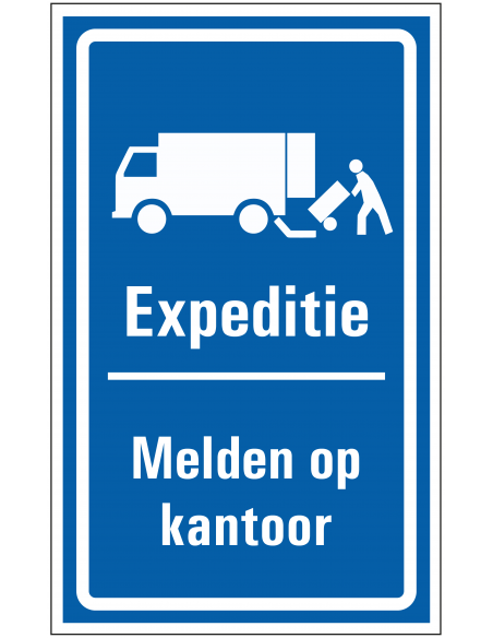 Expeditie melden op kantoor bord, kunststof, blauw wit, vrachtwagen pictogram, Nederlandse tekst
