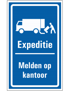 Expeditie melden op kantoor sticker, kunststof, blauw wit, vrachtwagen pictogram, Nederlandse tekst