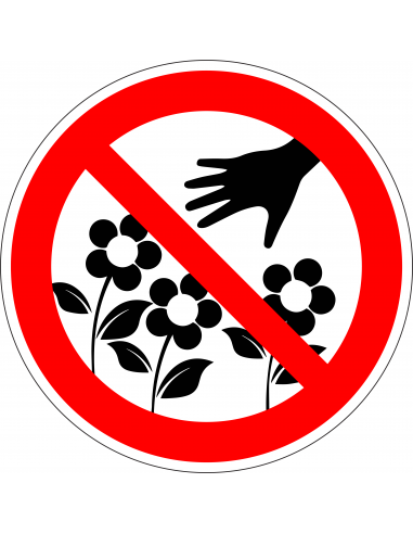 Verboden bloemen te plukken bord, kunststof, rood wit, rond, symbool hand met bloemen