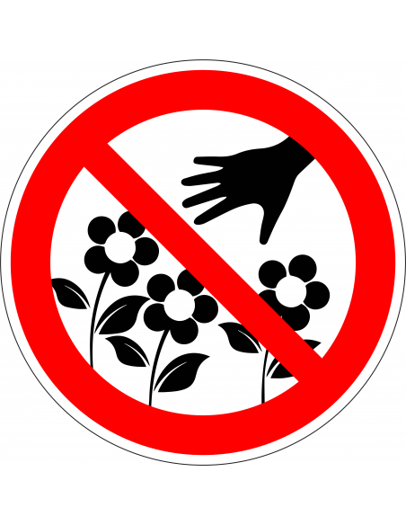 Verboden bloemen te plukken bord, kunststof, rood wit, rond, symbool hand met bloemen