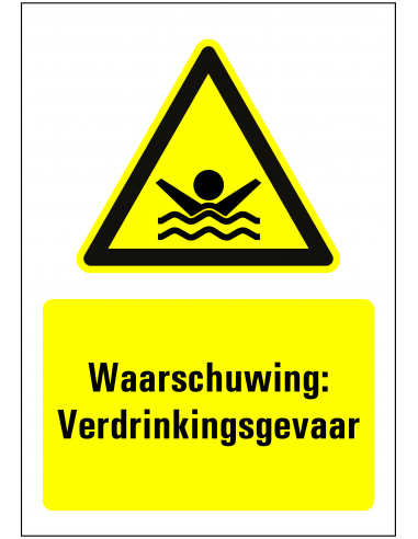 Verdrinkingsgevaar bord met tekst, kunststof, geel zwart, rechthoekig, verdrinkend persoon