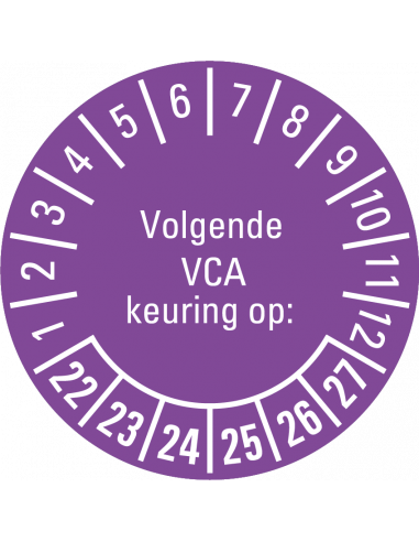 Volgende keuring op sticker 23-28, PVC folie, met Nederlandse tekst, jaartallen 2023 tot en met 2028