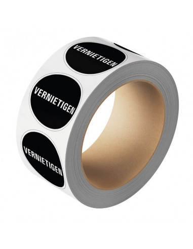 Vernietigen sticker op rol, 25 meter, rond, Nederlandse tekst, zwart wit