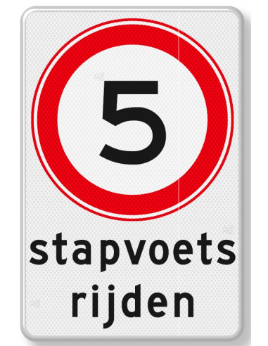 Verkeersbord stapvoets rijden 5 km, aluminium DOR, rood wit, rechthoekig