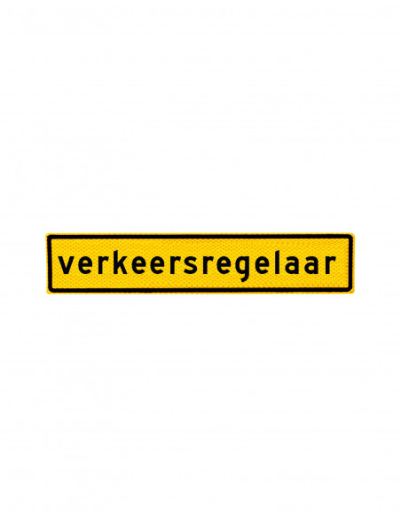 Verkeersregelaar sticker, geel zwart, rechthoekig, tekst verkeersregelaar, reflecterend