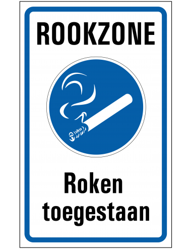 Rookzone bord, blauw wit, rechthoekig, tekst rookzone roken toegestaan