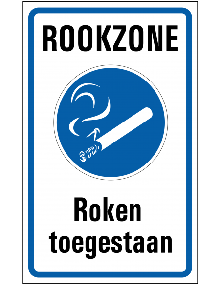 Rookzone bord, blauw wit, rechthoekig, tekst rookzone roken toegestaan