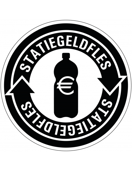 Statiegeld bord, zwart wit, Nederlandse tekst, recycle pictogram, petfles, rond
