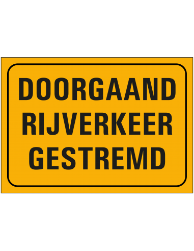 Doorgaand rijverkeer gestremd sticker, geel zwart, rechthoekig