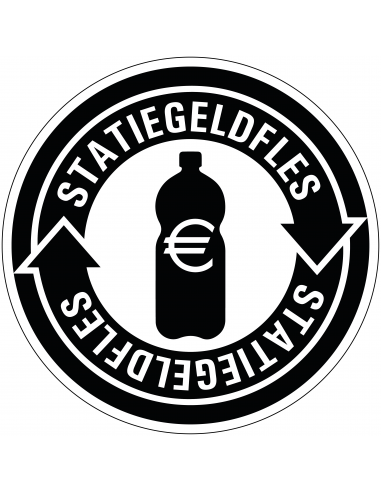Statiegeld sticker, zwart wit, Nederlandse tekst, recycle pictogram, petfles, rond