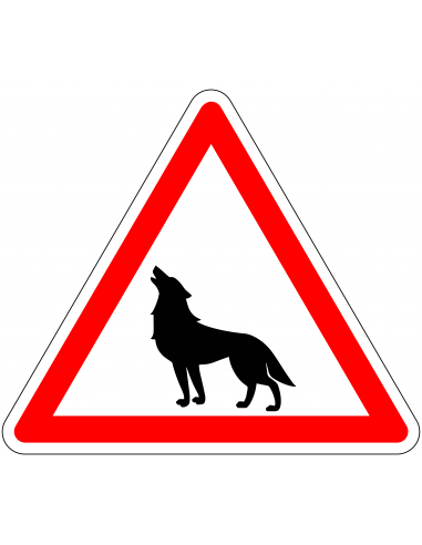 Pas op voor wolven sticker, rood wit, driehoekig, symbool wolf met rode rand