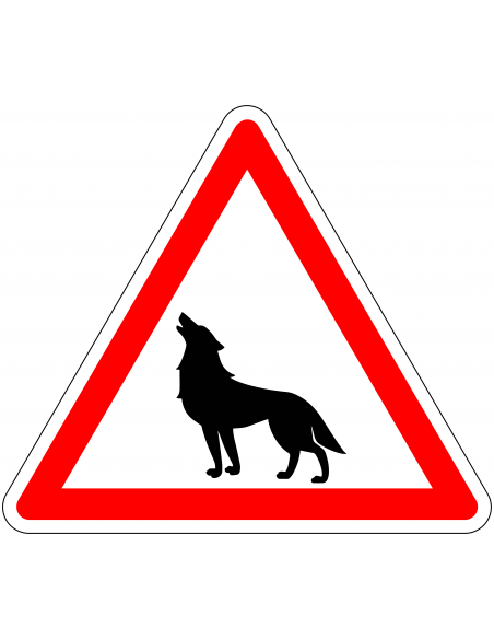 Pas op voor wolven bord, rood wit, driehoekig, symbool wolf met rode rand