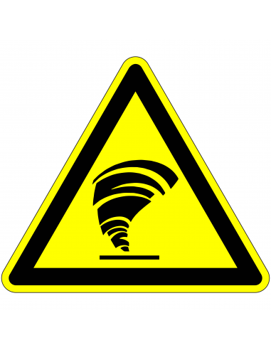 Waarschuwingsbord tornado, geel zwart, driehoekig, symbool tornado