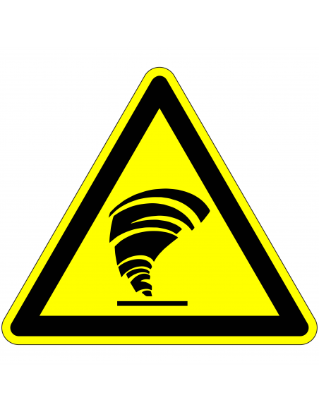 Waarschuwingsbord tornado, geel zwart, driehoekig, symbool tornado