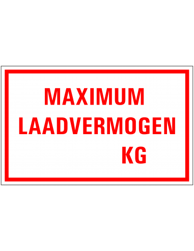 Maximum laadvermogen kg tekststicker, rood wit, rechthoekig, tekst maximum laadvermogen kg
