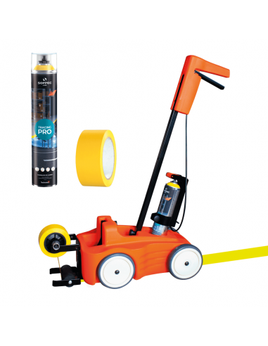 Soppec Driver lijnentrekker met tape applicator met gele markeerverf en gele markeertape