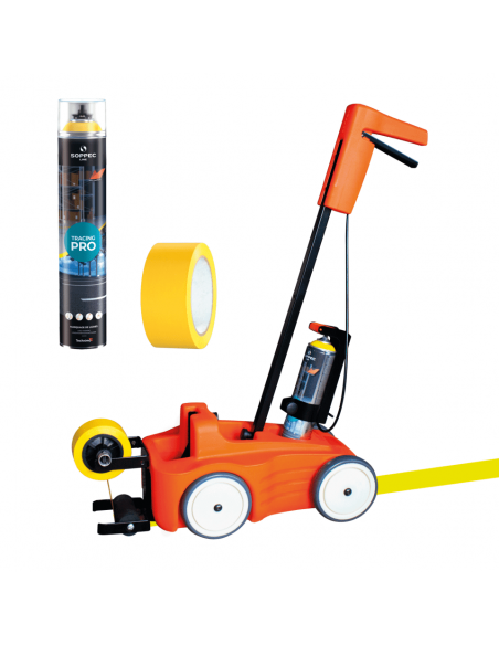 Soppec Driver lijnentrekker met tape applicator met gele markeerverf en gele markeertape