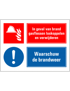 Bij brand gasflessen loskoppelen en verwijderen sticker, rechthoekig, rood wit blauw