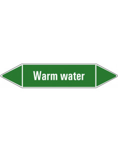 Warm water leidingmarkering op vel, groen wit, Nederlandse tekst warm water, stroomrichting leiding water