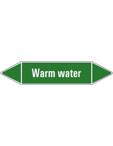 Warm water leidingmarkering op vel, groen wit, Nederlandse tekst warm water, stroomrichting leiding water