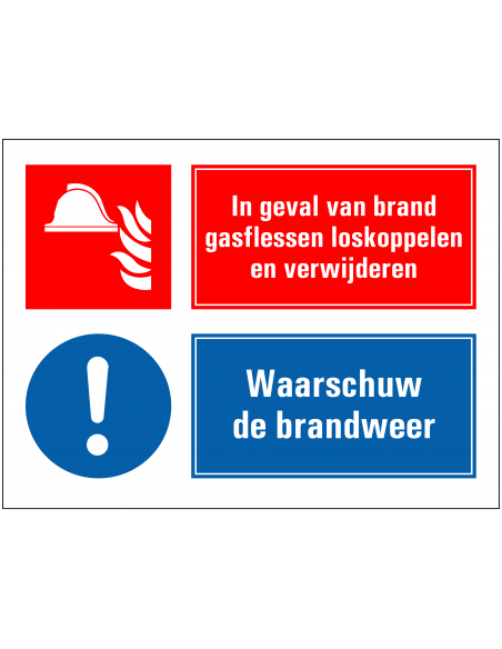 Bij brand gasflessen loskoppelen en verwijderen bord, rechthoekig, rood wit blauw