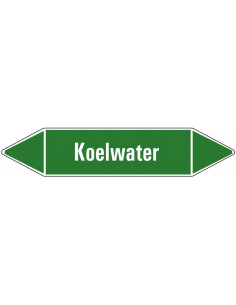 Koelwater leidingmarkering op vel, groen wit, Nederlandse tekst koelwater, stroomrichting leiding water