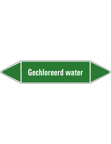 Gechloreerd water leidingmarkering op vel, groen wit, Nederlandse tekst gechloreerd water, stroomrichting leiding water