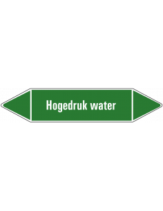 Hogedruk water leidingmarkering op vel, groen wit, Nederlandse tekst hogedruk water, stroomrichting leiding water
