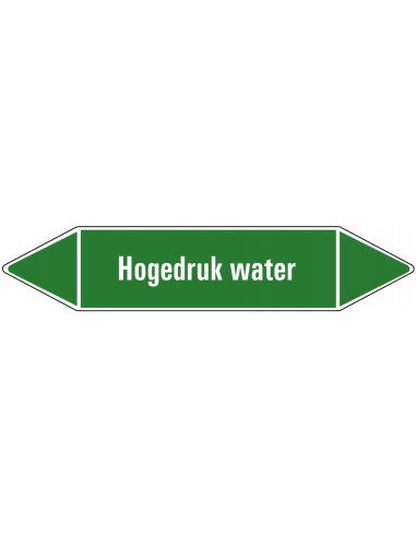 Hogedruk water leidingmarkering op vel, groen wit, Nederlandse tekst hogedruk water, stroomrichting leiding water