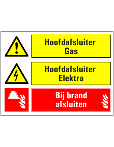 Hoofdafsluiters elektra en gas afsluiten bij brand bord, rechthoekig, geel rood zwart