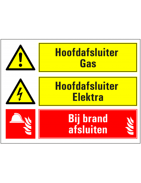 Hoofdafsluiters elektra en gas afsluiten bij brand bord, rechthoekig, geel rood zwart