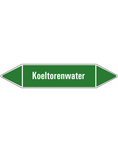 Koeltorenwater leidingmarkering op vel, groen wit, Nederlandse tekst koeltorenwater, stroomrichting leiding water