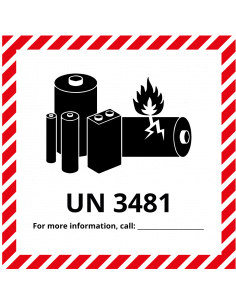 UN3481 sticker lithium-Ion batterijen, rood wit zwart, vierkant, batterijen symbool