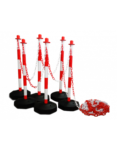 Afzetpalen met ketting, 6 stuks, rood wit, 25 meter ketting