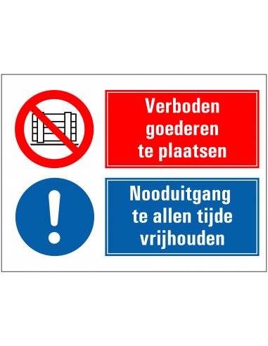 Verboden goederen te plaatsen, nooduitgang vrijhouden bord, rood wit blauw, rechthoekig