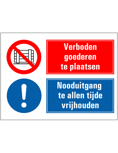 Verboden goederen te plaatsen, nooduitgang vrijhouden bord, rood wit blauw, rechthoekig