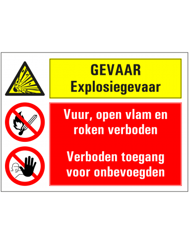 Explosiegevaar, vuur open vlam roken en onbevoegden verboden sticker, rechthoekig