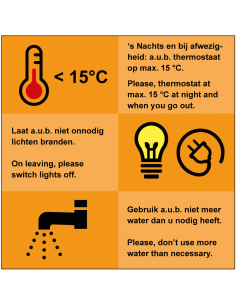 Energie besparen tekstbord, NL-EN, oranje, nederlands en engels, vierkant