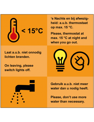Energie besparen tekstbord, NL-EN, oranje, nederlands en engels, vierkant